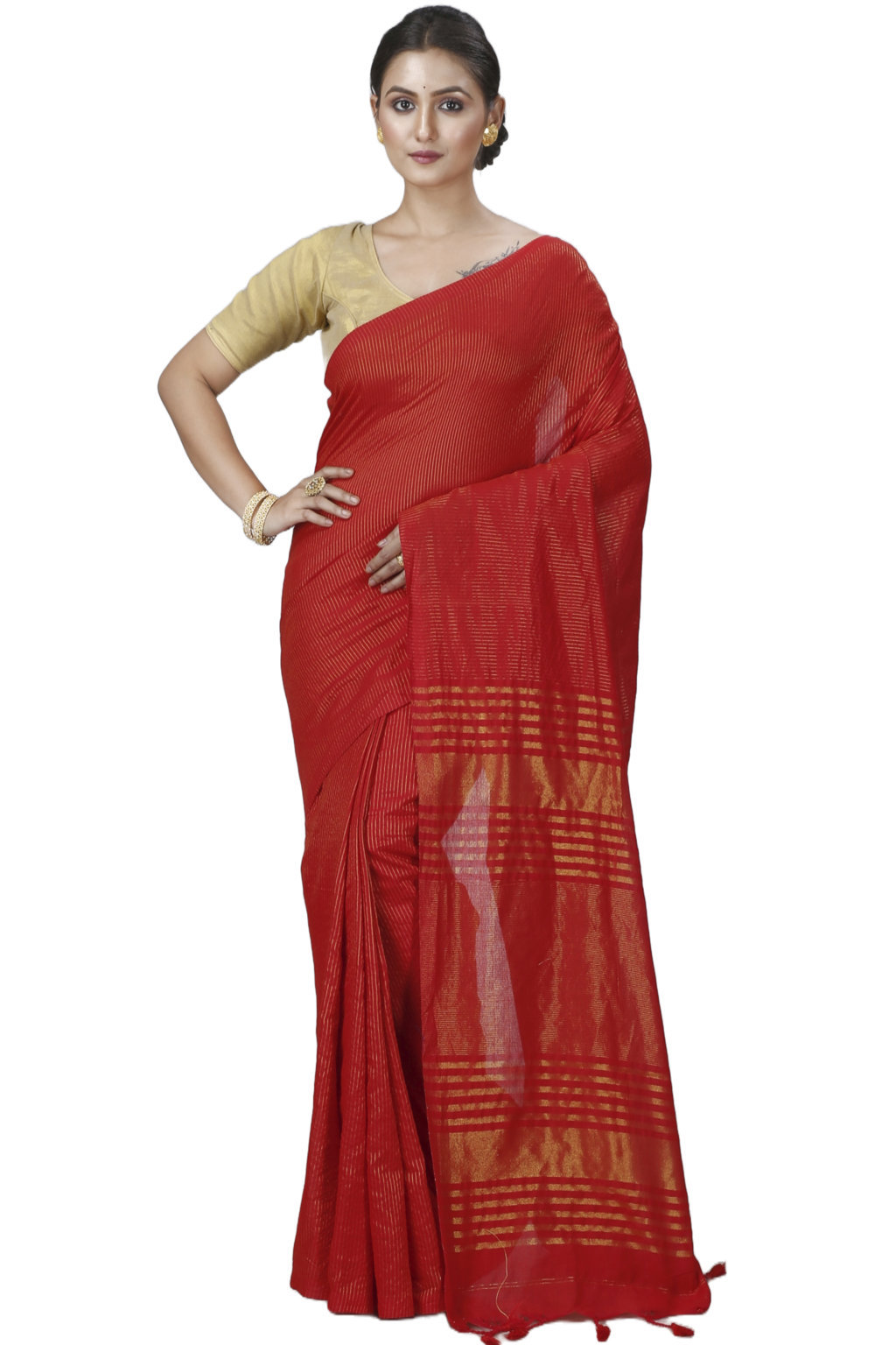 Red Blended Cotton Tama Hand Loom Saree (1206)